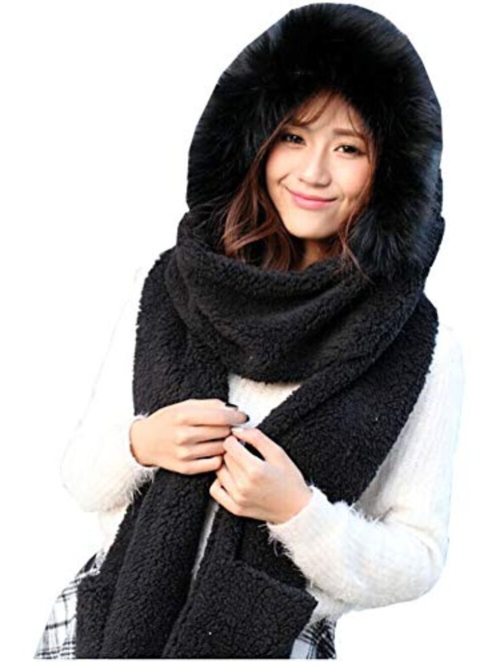 Winter Warm Women Hoodie Hat/Scarf/Gloves Set Soft Plush Thick Warm Hat